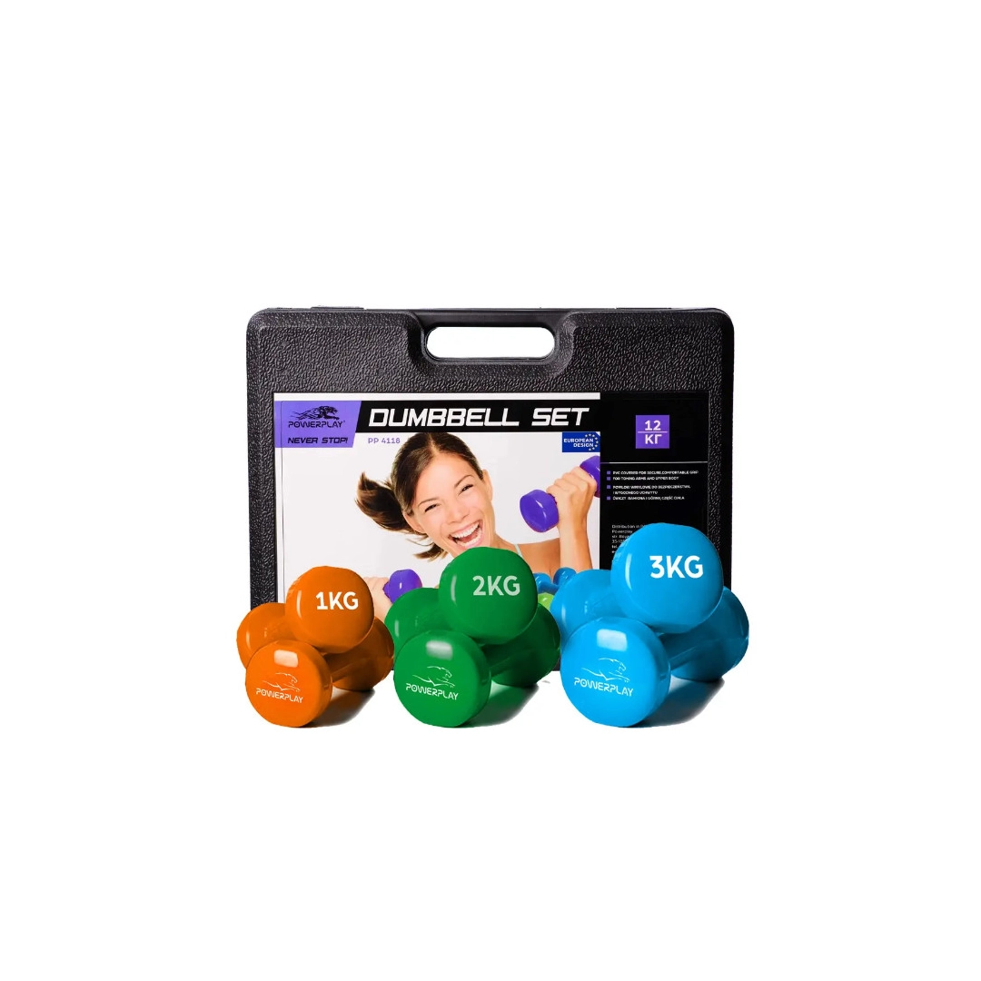 A set of dumbbells in a case of 12 kg. PowerPlay 4118 Fitness Dumbells (2pcs.*1kg. 2pcs.*2kg. 2pcs.*3kg.)