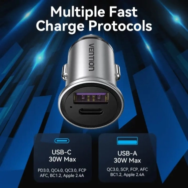 Автомобільний зарядний пристрій Vention (Power Delivery Port + QC4.0) (30W) | Silver (FFFH0)