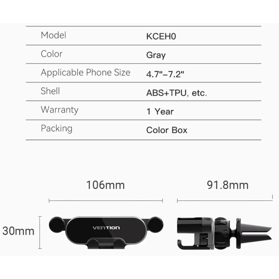 Автотримач для телефону на дефлектор Vention 3х контактний, з регулюванням (KCEH0)