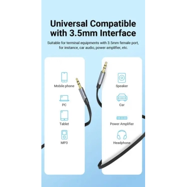 Аудіокабель Vention 3.5mm Male to Male Flat Aux Cable 1,5m Gray BAPHG