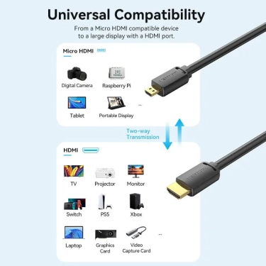 Кабель HDMI Vention micro HDMI-D-HDMI-A, 2 m, v2.0, 4K 60Hz (AGIBH)