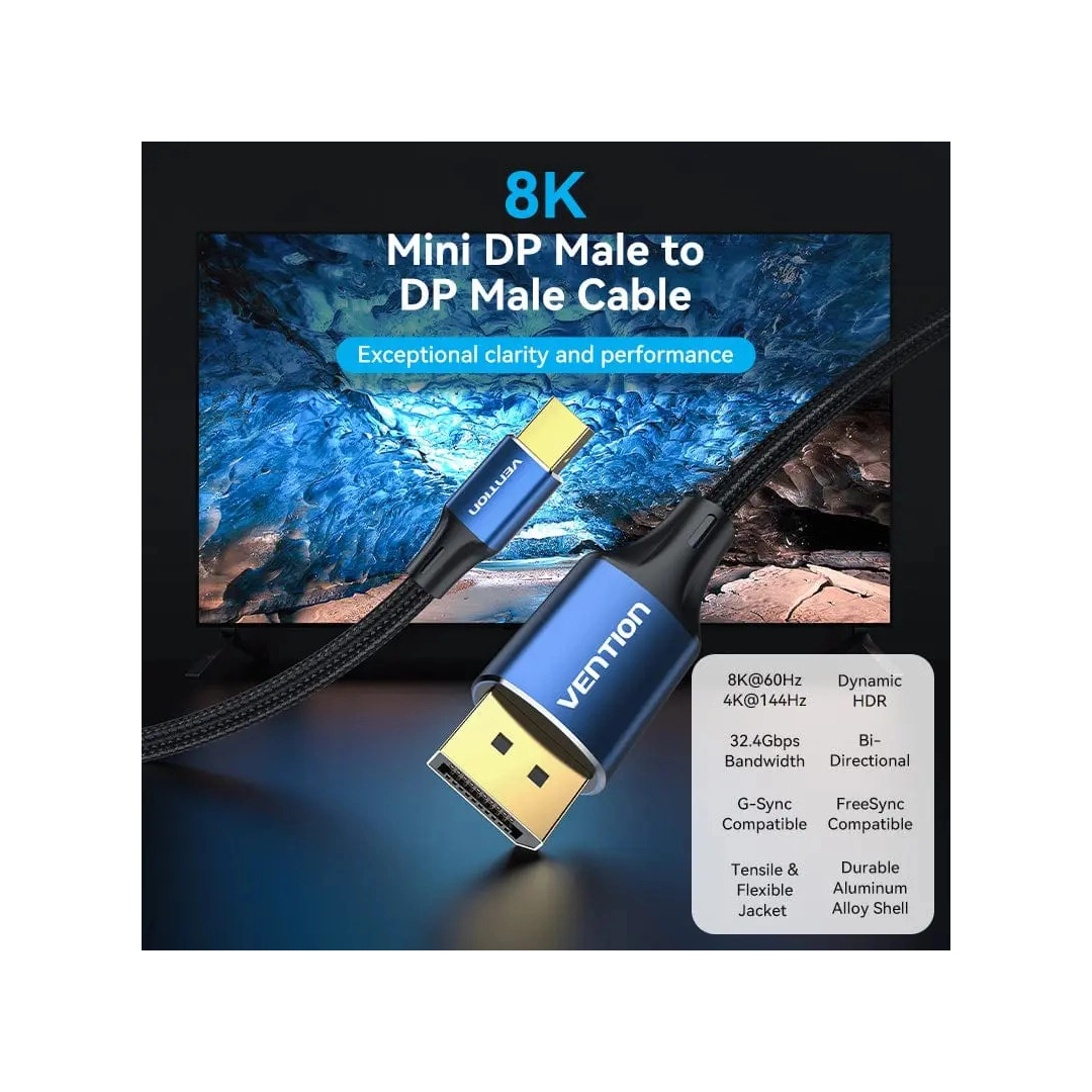 Кабель цифровий Vention mini DisplayPort - DisplayPort v1.4 2m Black, 8K 60 Hz, 4K 144Hz, 2K 165Hz, 1080P 240Hz (HCFLH)