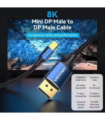 Кабель цифровий Vention mini DisplayPort - DisplayPort v1.4 2m Black, 8K 60 Hz, 4K 144Hz, 2K 165Hz, 1080P 240Hz (HCFLH)