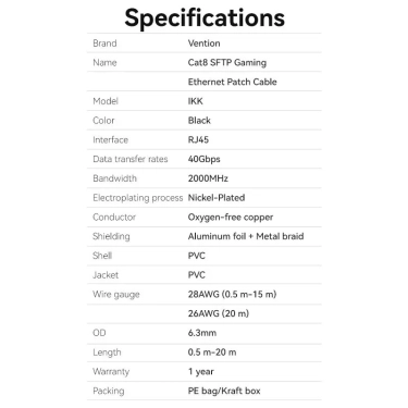 Патч-корд Vention CAT 8 SFTP Ethernet, 1 m, Black, rj-45 - rj-45, 8 жил (IKKBF)