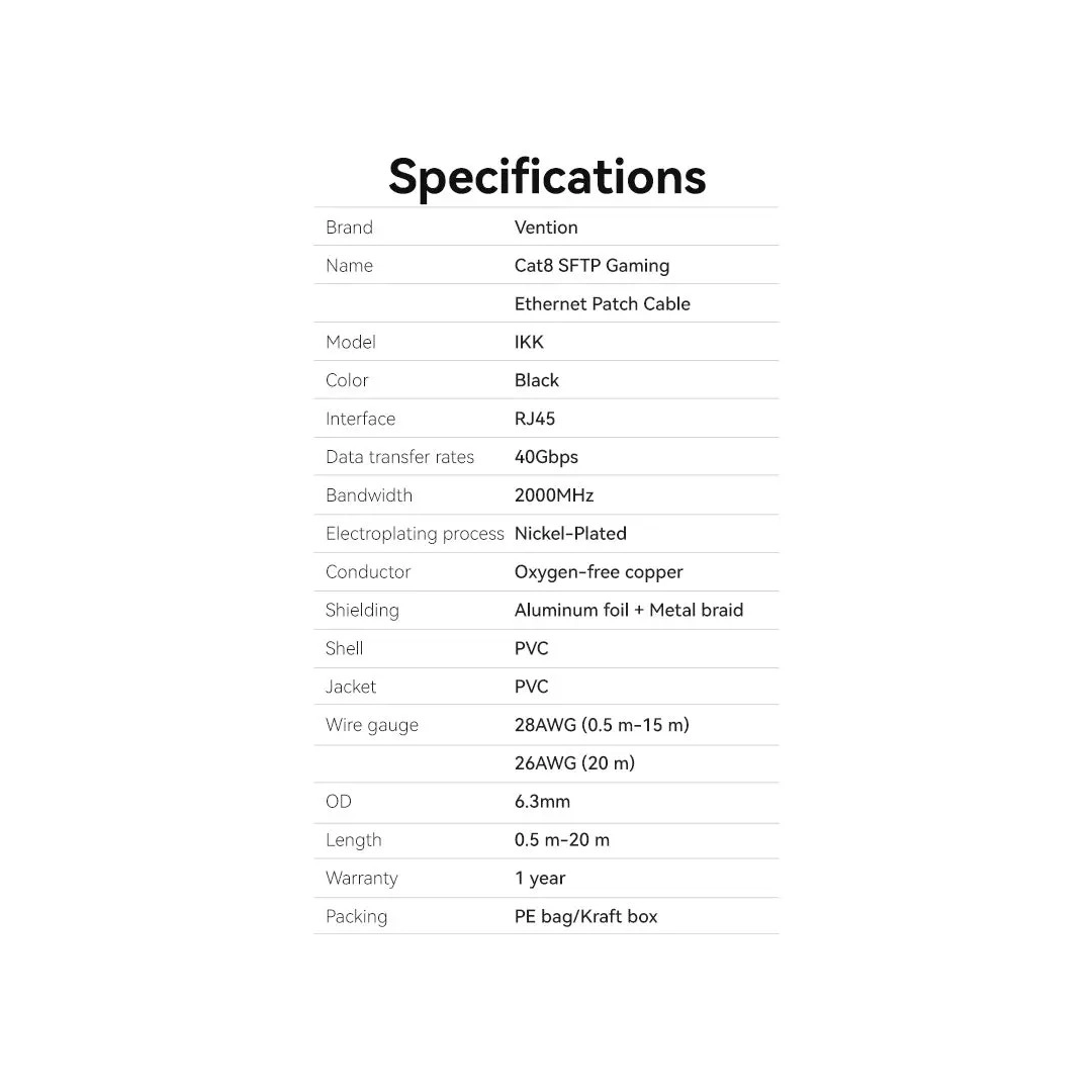 Патч-корд Vention CAT 8 SFTP Ethernet, 3m, Black, RJ-45 - RJ-45, 8 жил (IKKBI) Патч-корд Vention CAT 8 SFTP Ethernet, 3m, Black, RJ-45 - RJ-45, 8 жил (IKKBI)