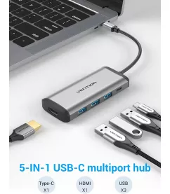 Перехідник-конвертер Vention Type-C у HDMI/USB3.0*3/PD 0.15 м сірий металевий CNBHB