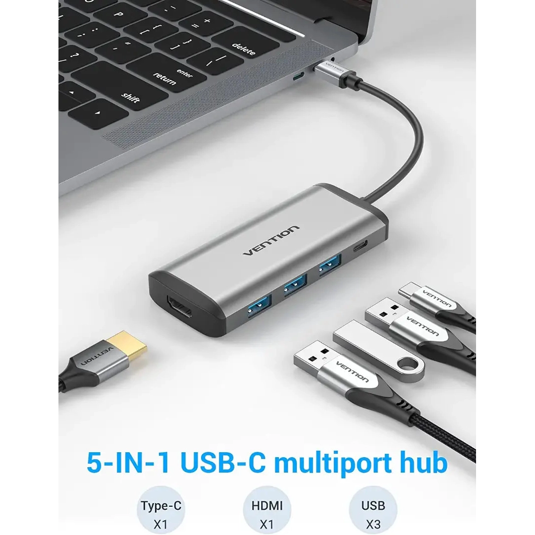 Перехідник-конвертер Vention Type-C у HDMI/USB3.0*3/PD 0.15 м сірий металевий CNBHB Перехідник-конвертер Vention Type-C у HDMI/USB3.0*3/PD 0.15 м сірий металевий CNBHB