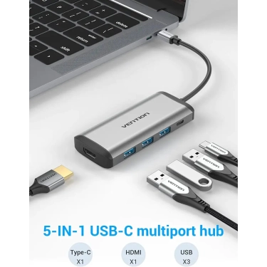 Перехідник-конвертер Vention Type-C у HDMI/USB3.0*3/PD 0.15 м сірий металевий CNBHB