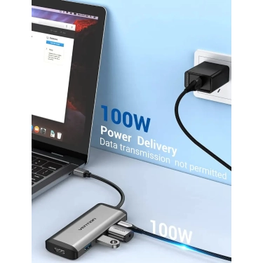 Перехідник-конвертер Vention Type-C у HDMI/USB3.0*3/PD 0.15 м сірий металевий CNBHB