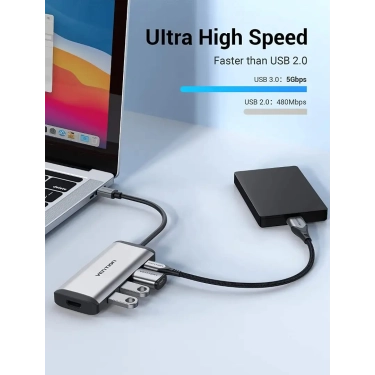 Перехідник-конвертер Vention Type-C у HDMI/USB3.0*3/PD 0.15 м сірий металевий CNBHB