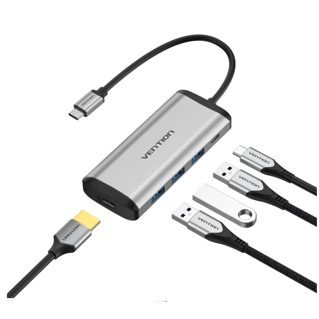 Перехідник-конвертер Vention Type-C у HDMI/USB3.0*3/PD 0.15 м сірий металевий CNBHB