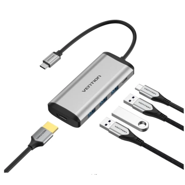 Перехідник-конвертер Vention Type-C у HDMI/USB3.0*3/PD 0.15 м сірий металевий CNBHB