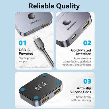 Світч Vention 2-Port Bi-Directional 8K HDMI Gray Aluminium Alloy Type AKPH0