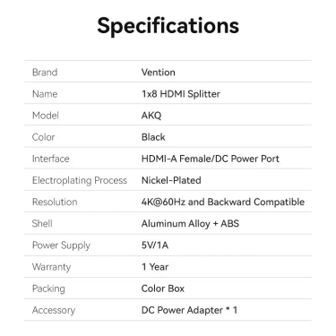 Спліттер Vention HDMI 1х8 4K 60Hz (AKQB0-EU)