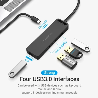 USB-хаб Vention 4-Port із micro USB живленням 0.15 м Black (TGKBB)