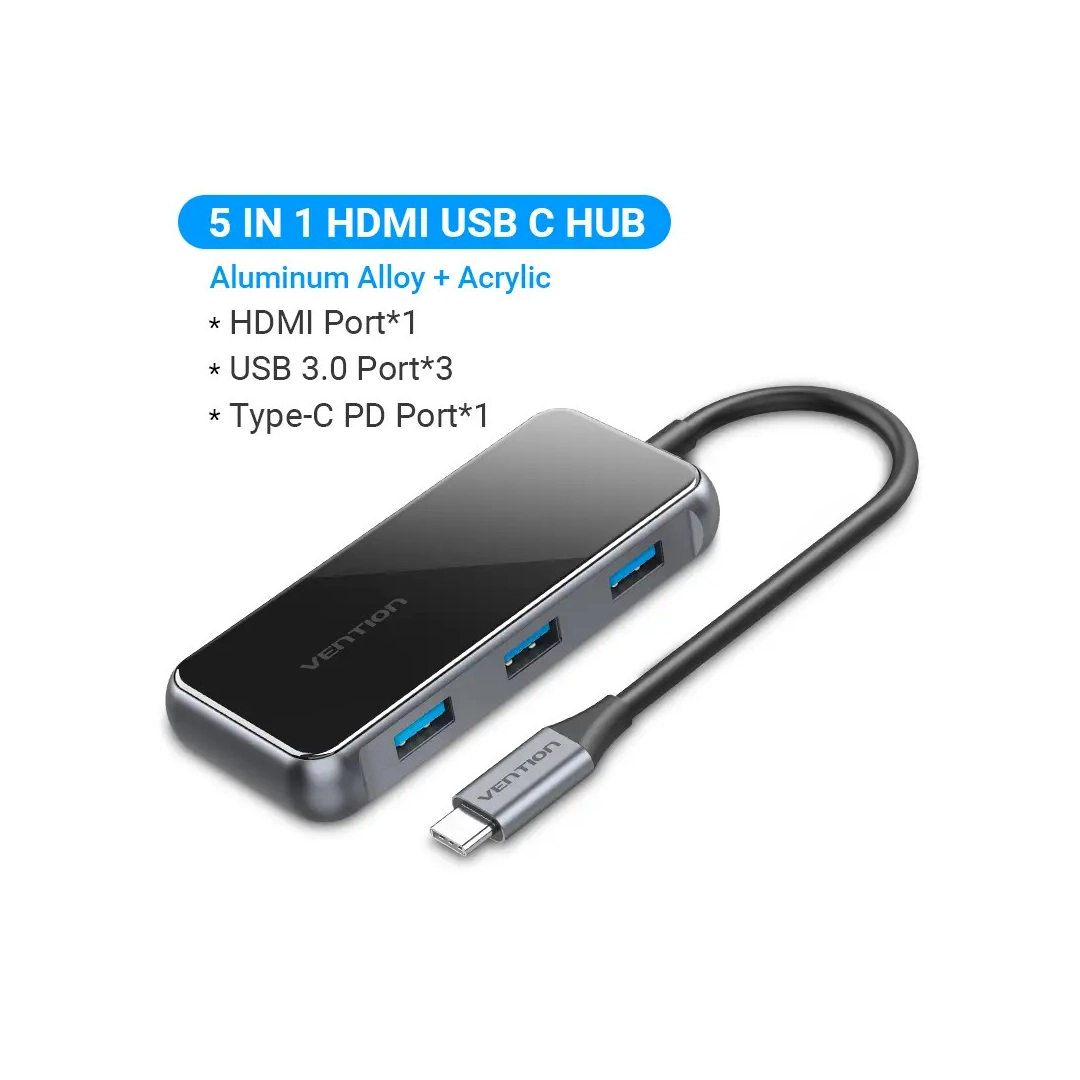 USB-хаб Vention 5 в 1 Type-C-HDMI-USB-PD 3USB 3.0 4K 60Hz 87W 0.15m Black (TFBHB) USB-хаб Vention 5 в 1 Type-C-HDMI-USB-PD 3USB 3.0 4K 60Hz 87W 0.15m Black (TFBHB)