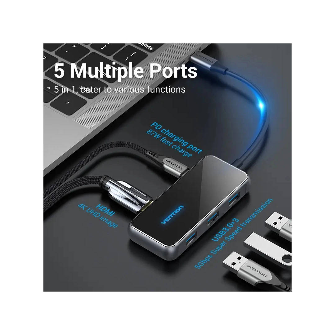 USB-хаб Vention 5 в 1 Type-C-HDMI-USB-PD 3USB 3.0 4K 60Hz 87W 0.15m Black (TFBHB) USB-хаб Vention 5 в 1 Type-C-HDMI-USB-PD 3USB 3.0 4K 60Hz 87W 0.15m Black (TFBHB)