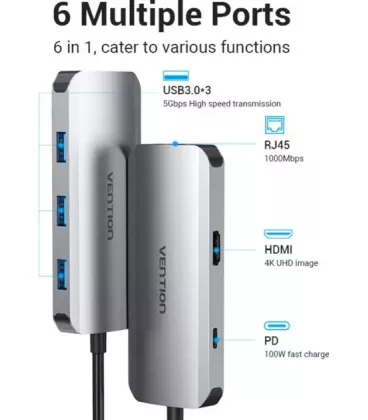 USB-хаб Vention OTG USB Hub USB-C to HDMI/USB 3.0x3/RJ45/PD, 0.15 m (TOHHB)