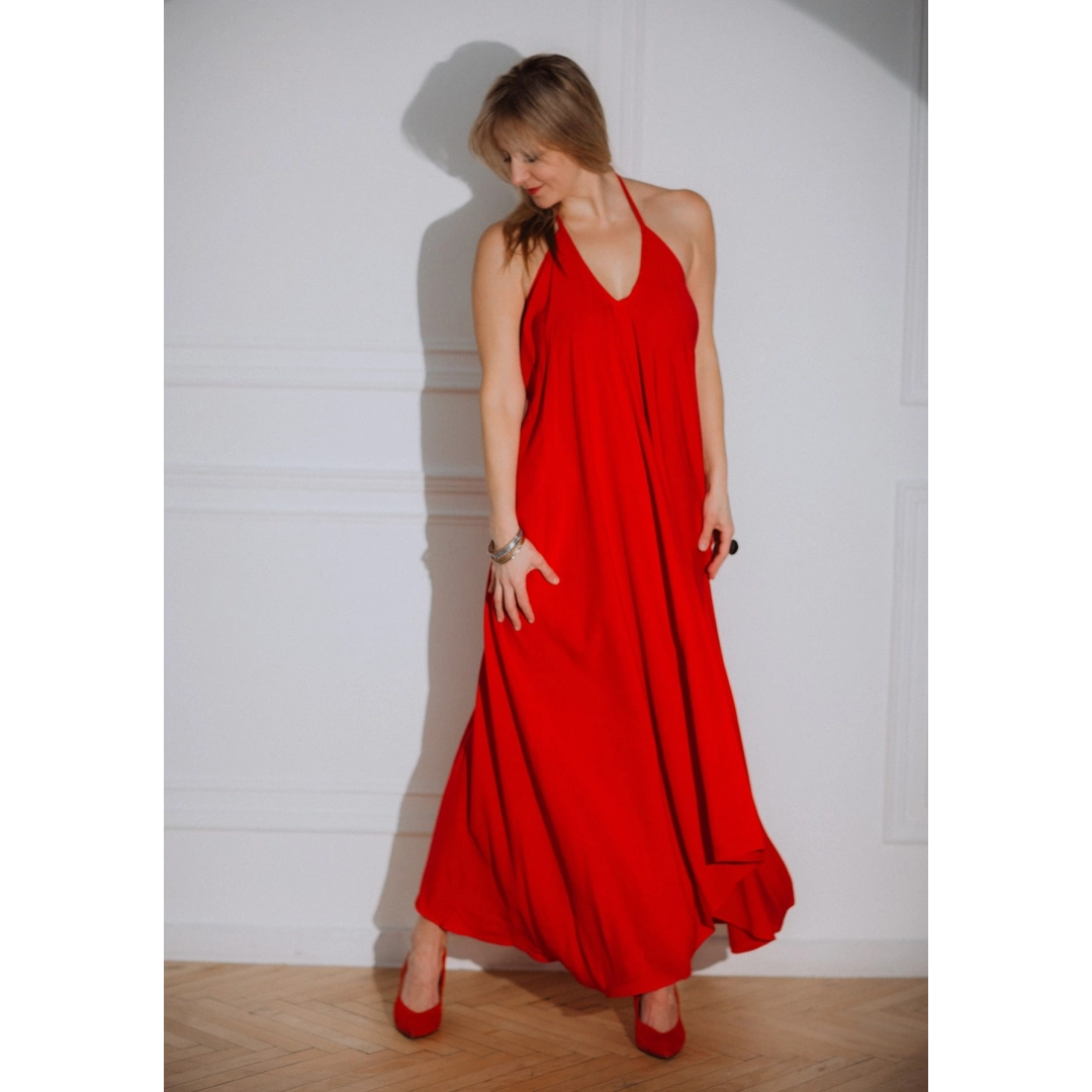 Women's long dress with open back Red Pearl RAO WEAR One Size height 165-170 cm