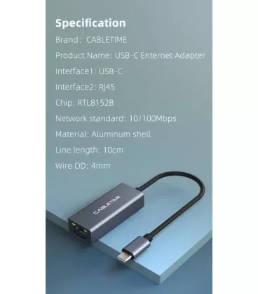 Кабель цифровий Vention Cabletime USB-C - RJ45 100Mbps Ethernet, 0.15m, Space Grey (CB53G)
