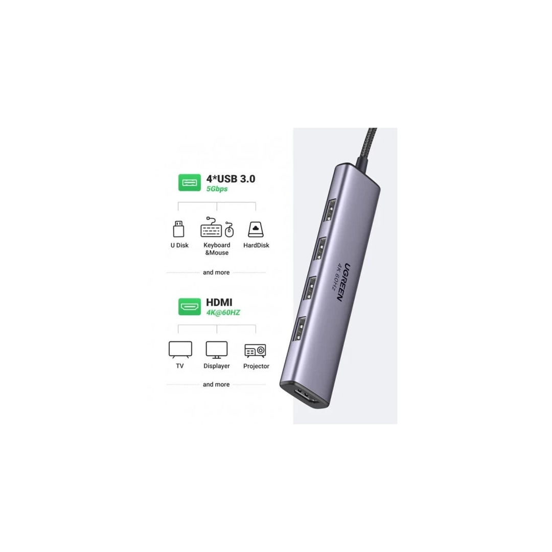 Адаптер Ugreen CM478 USB Type-C to HDMI, USB 3.0*4 Gray 15495