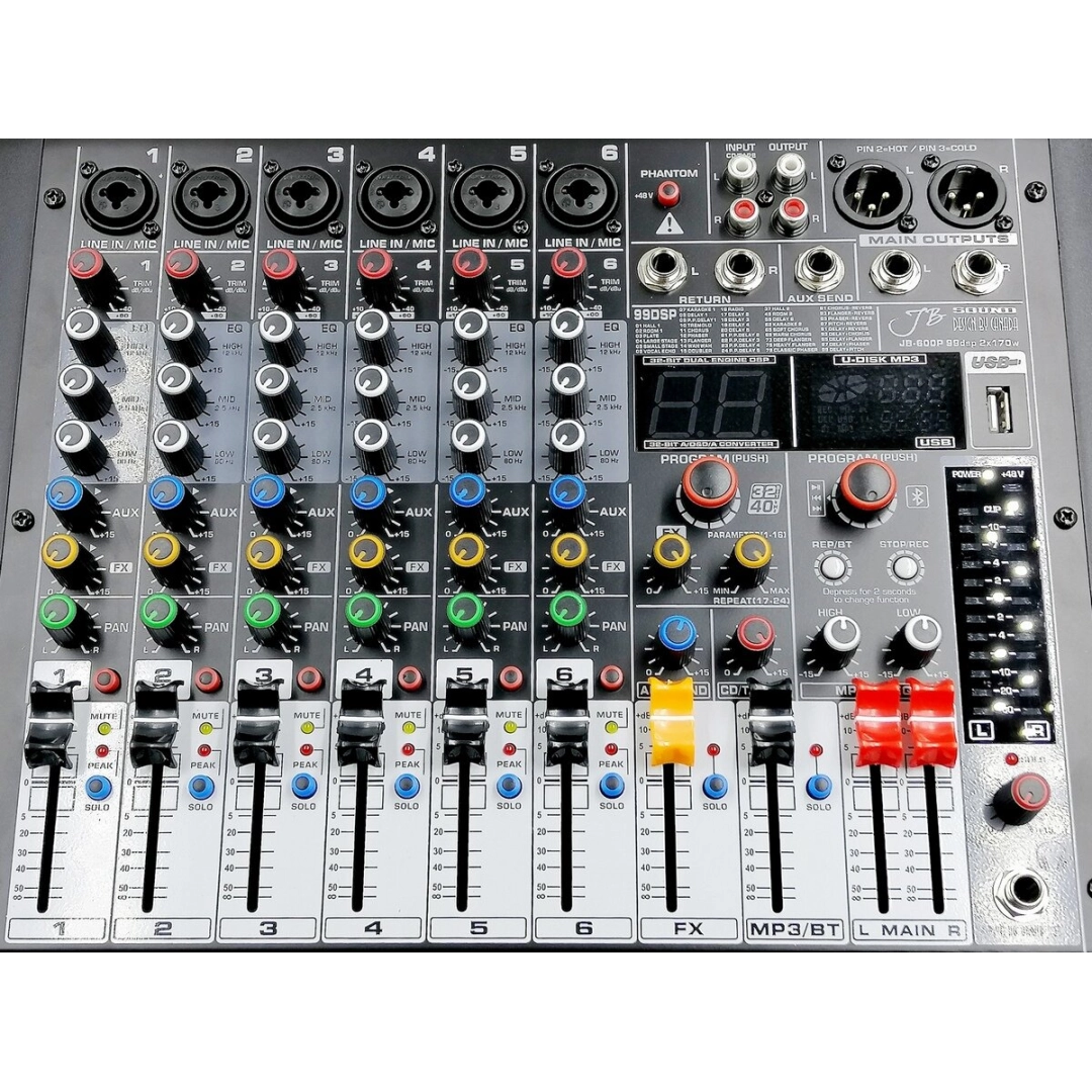 JB-600P JB sound Активний мікшерний пульт 6 каналів, процесор ефектів 32-біт, 99DSP програм, 2х170Вт на 4Ом JB-600P JB sound Активний мікшерний пульт 6 каналів, процесор ефектів 32-біт, 99DSP програм, 2х170Вт на 4Ом