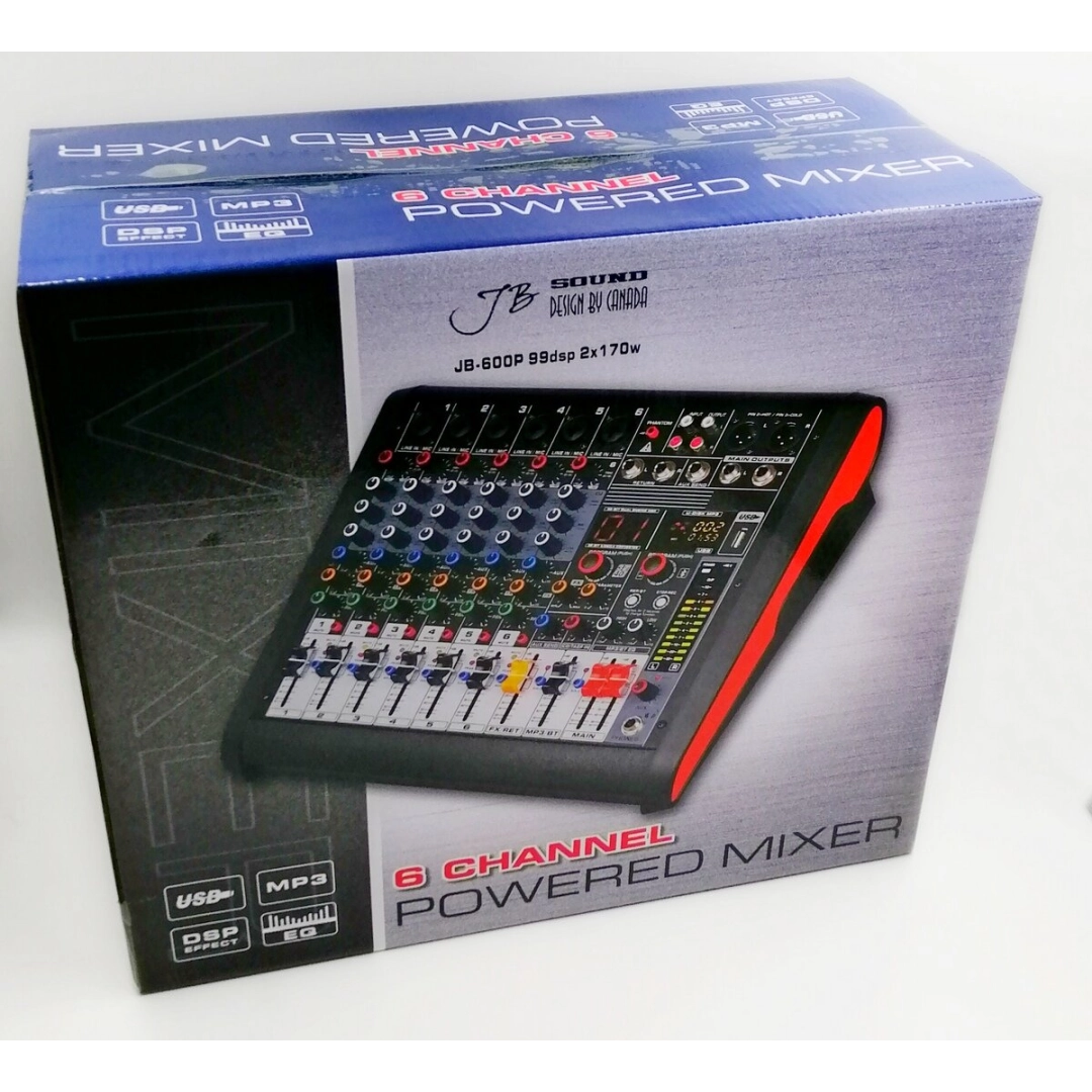 JB-600P JB sound Активний мікшерний пульт 6 каналів, процесор ефектів 32-біт, 99DSP програм, 2х170Вт на 4Ом JB-600P JB sound Активний мікшерний пульт 6 каналів, процесор ефектів 32-біт, 99DSP програм, 2х170Вт на 4Ом