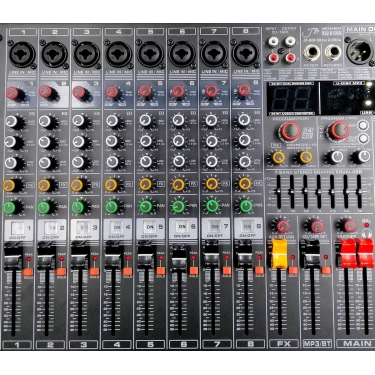 JB-Q8P JB sound Активний мікшерний пульт 8 каналів, процесор ефектів 32-біт, 99DSP програм, 2х280Вт на 4Ом ,2х170Вт на 8Ом