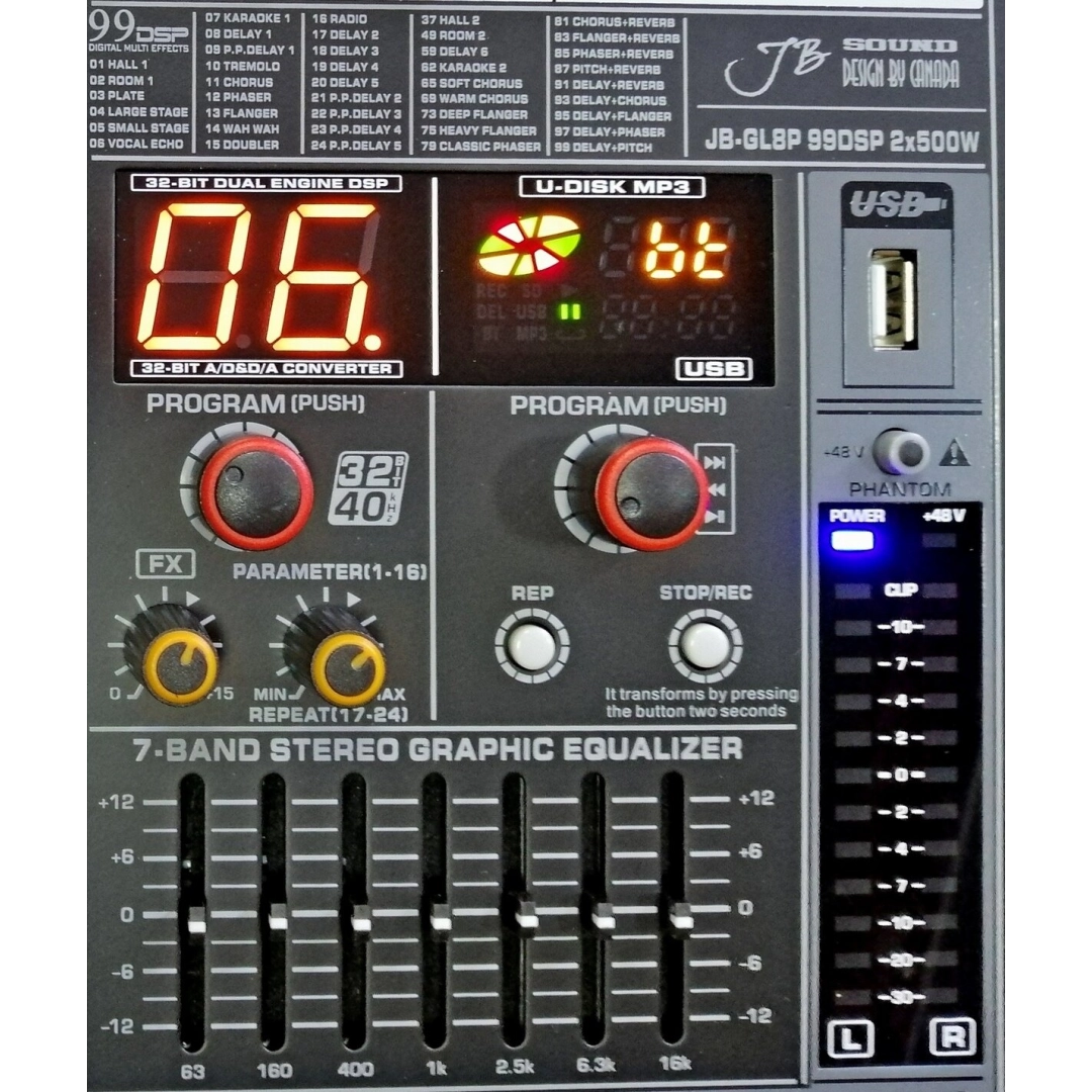JB-GL8P JB sound Активний мікшерний пульт 8 каналів, процесор ефектів 32-біт, 99DSP програм, 2х500Вт на 4Ом ,2х300Вт на 8Ом JB-GL8P JB sound Активний мікшерний пульт 8 каналів, процесор ефектів 32-біт, 99DSP програм, 2х500Вт на 4Ом ,2х300Вт на 8Ом