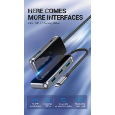 USB-хаб Vention 5 в 1 Type-C-USB-PD 4USB 3.0 87W 4K 30Hz 0.15m Black (TFDHB)