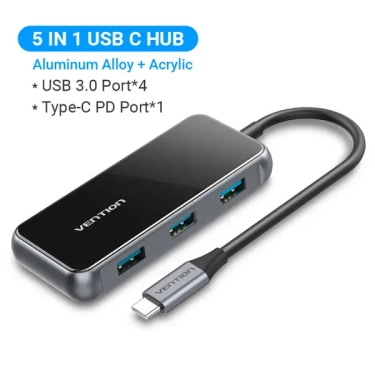 USB-хаб Vention 5 в 1 Type-C-USB-PD 4USB 3.0 87W 4K 30Hz 0.15m Black (TFDHB)
