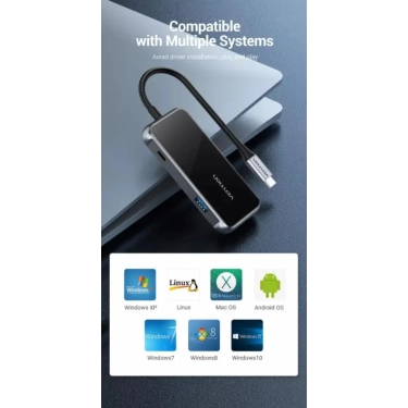 USB-хаб Vention 5 в 1 Type-C-USB-PD 4USB 3.0 87W 4K 30Hz 0.15m Black (TFDHB)
