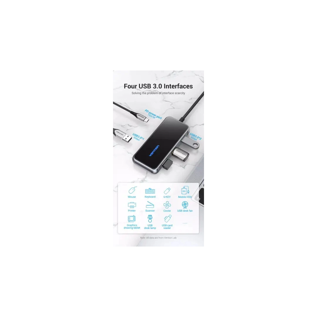 USB-хаб Vention 5 в 1 Type-C-USB-PD 4USB 3.0 87W 4K 30Hz 0.15m Black (TFDHB) USB-хаб Vention 5 в 1 Type-C-USB-PD 4USB 3.0 87W 4K 30Hz 0.15m Black (TFDHB)