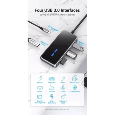 USB-хаб Vention 5 в 1 Type-C-USB-PD 4USB 3.0 87W 4K 30Hz 0.15m Black (TFDHB)