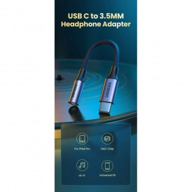 ЦАП та підсилювач Ugreen AV161 USB Type-C Male to 3.5mm Female Audio Cable Braided Aluminum Shell, 10 cm Gray 80154