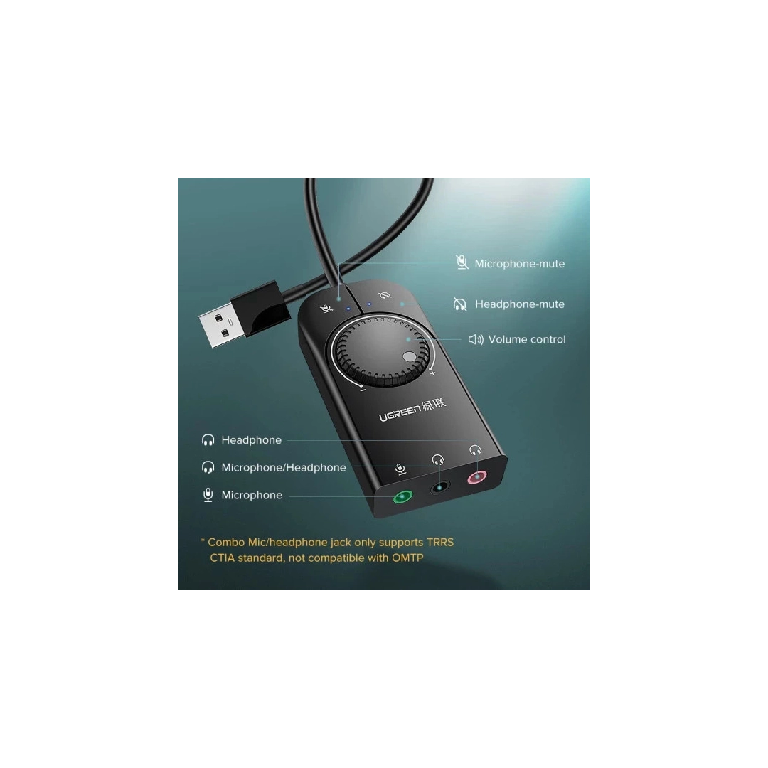 Звукова карта Ugreen CM129 USB Sound Card Black 40964