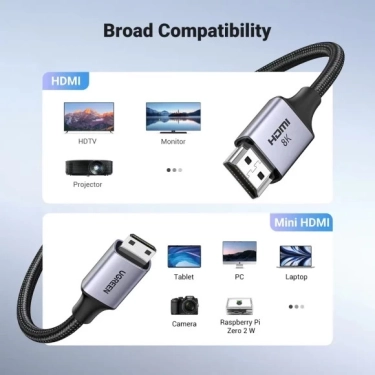 Кабель HDMI Ugreen HD163 miniHDMI to HDMI, 2 m, v2.1 UltraHD 8K-3D Braided Nylon Black 15515