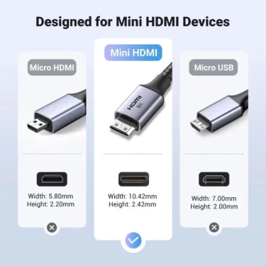Кабель HDMI Ugreen HD163 miniHDMI to HDMI, 2 m, v2.1 UltraHD 8K-3D Braided Nylon Black 15515