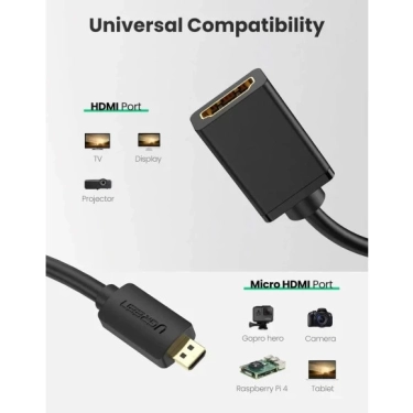 Кабель HDMI Ugreen Micro HDMI До HDMI HDMI Adapter Cable, 22 cm Black 20134