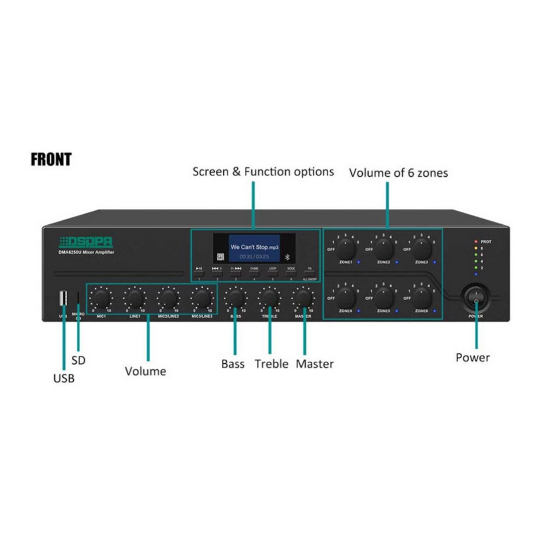 DSPPA DMA6250U 250Вт, 6-зонний цифровий мікшер-підсилювач з віддаленою станцією пейджингу DSPPA DMA6250U 250Вт, 6-зонний цифровий мікшер-підсилювач з віддаленою станцією пейджингу