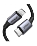 Кабель цифровий Ugreen US304 USB Type-C - Lightning, MFI - 36W, 1.5 m Braided with Aluminum Shell Black 60760