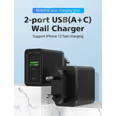 Зарядний пристрій Vention USB Type C+QC4.0 (18-20W) Black (FBBB0-EU)