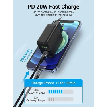 Зарядний пристрій Vention USB Type C+QC4.0 (18-20W) Black (FBBB0-EU)