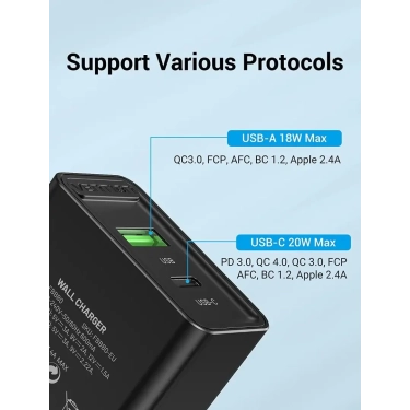 Зарядний пристрій Vention USB Type C+QC4.0 (18-20W) Black (FBBB0-EU)