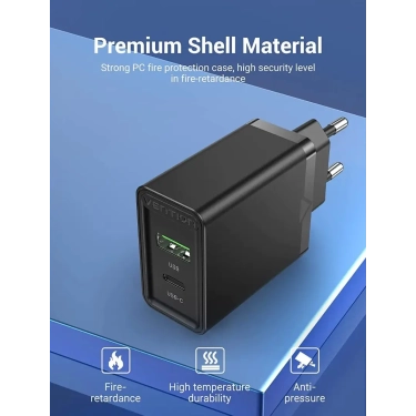 Зарядний пристрій Vention USB Type C+QC4.0 (18-20W) Black (FBBB0-EU)