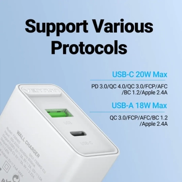 Зарядний пристрій Vention USB Type C + QC4.0 (18-20W) White (FBBW0-EU)