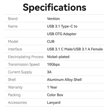 Перехідник Vention USB-C Male to USB3.0 Female OTG (CUBH0) купити