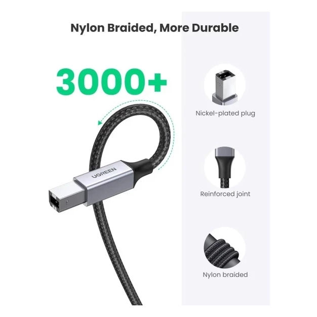 Кабель USB Ugreen US369 USB-A 2.0 - USB-B 2.0 Braided, 1.5m Black 80802 Кабель USB Ugreen US369 USB-A 2.0 - USB-B 2.0 Braided, 1.5m Black 80802