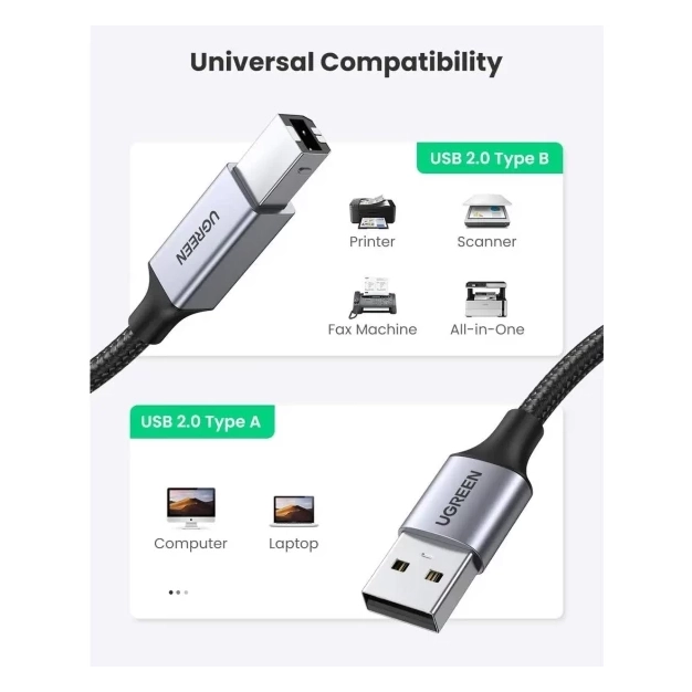 Кабель USB Ugreen US369 USB-A 2.0 - USB-B 2.0 Braided, 1.5m Black 80802 Кабель USB Ugreen US369 USB-A 2.0 - USB-B 2.0 Braided, 1.5m Black 80802