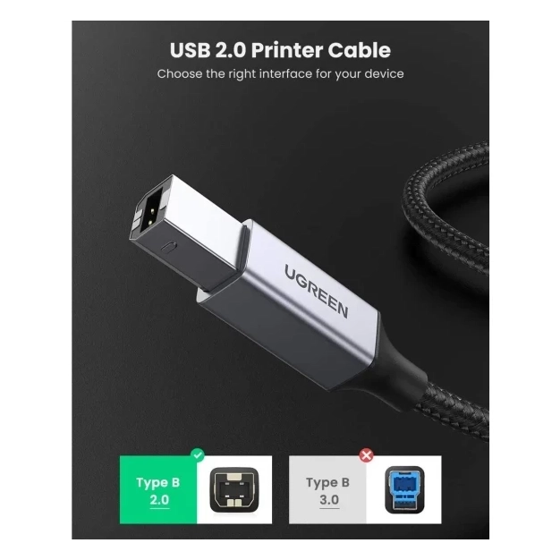 Кабель USB Ugreen US369 USB-A 2.0 - USB-B 2.0 Braided, 1.5m Black 80802 Кабель USB Ugreen US369 USB-A 2.0 - USB-B 2.0 Braided, 1.5m Black 80802